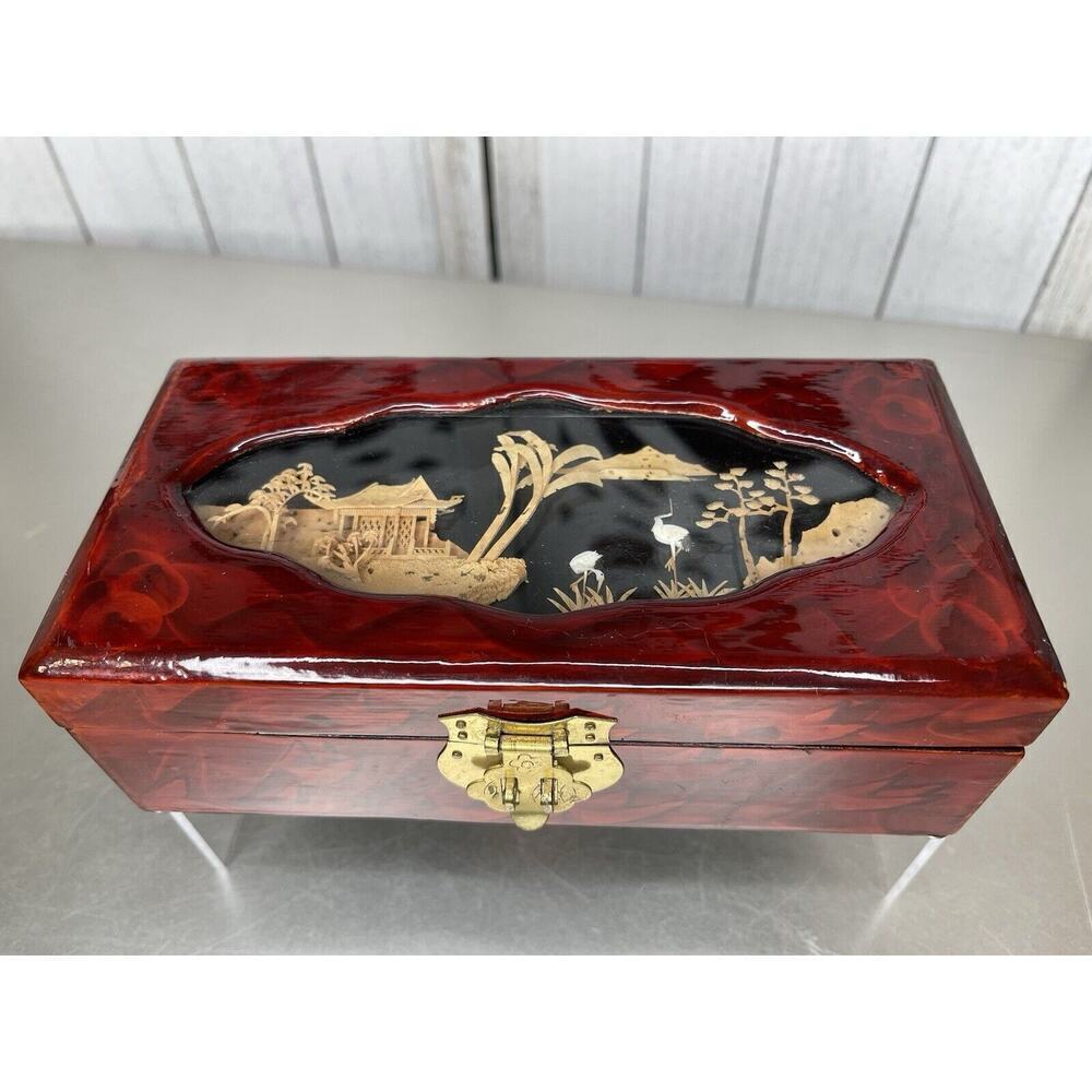 Vintage Asian Pagoda Stork 3D Handcrafted Cork Scene Lacquered Jewelry Decor Box